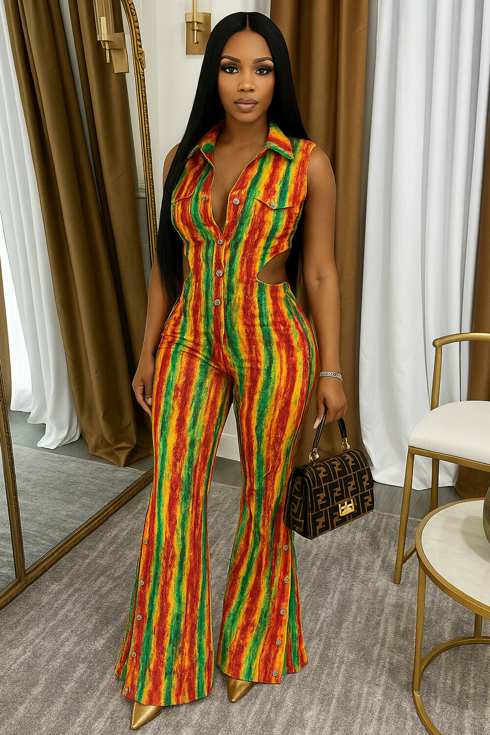 Colorblock Stripe Button Up Cutout Flare Leg Jumpsuit-Multicolor [Pre Order]