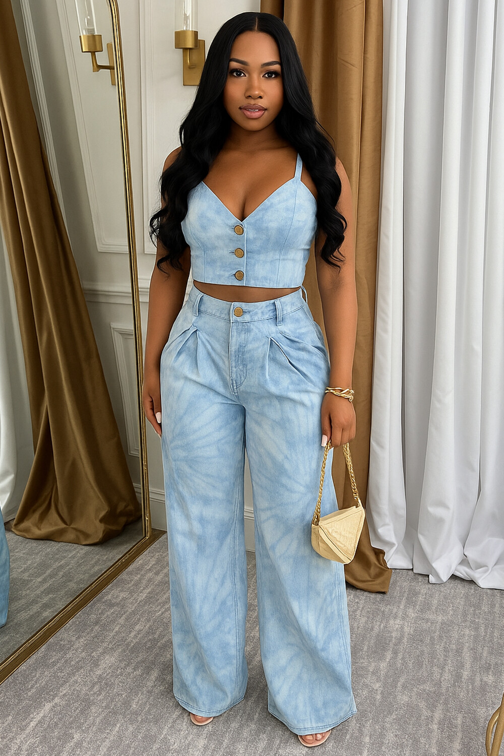 V Neck Button Up Cami Top Wide Leg Pants Denim 2pcs Set-Blue [Pre Order]