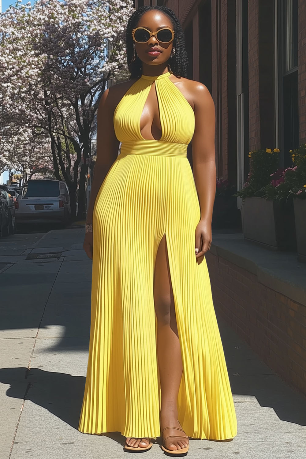 Keyhole Neck Pleated Slit Cinched Vacation Maxi Dresses-Yellow [Pre Order]