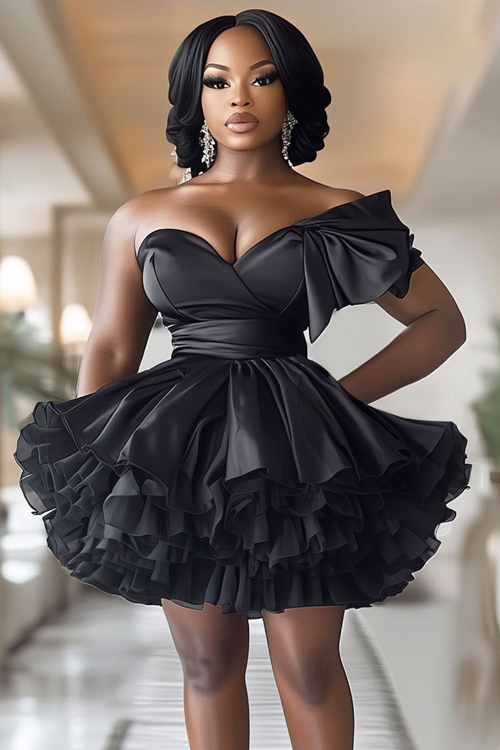 One Shoulder Overlap Cinched Party Mini Tutu Dresses-Black [Pre Order]