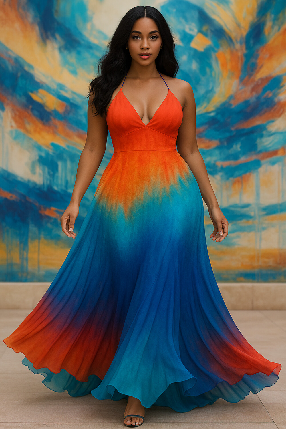 Halter V Neck Tie Dye Print Flowy Vacation Maxi Dresses-Blue [Pre Order]