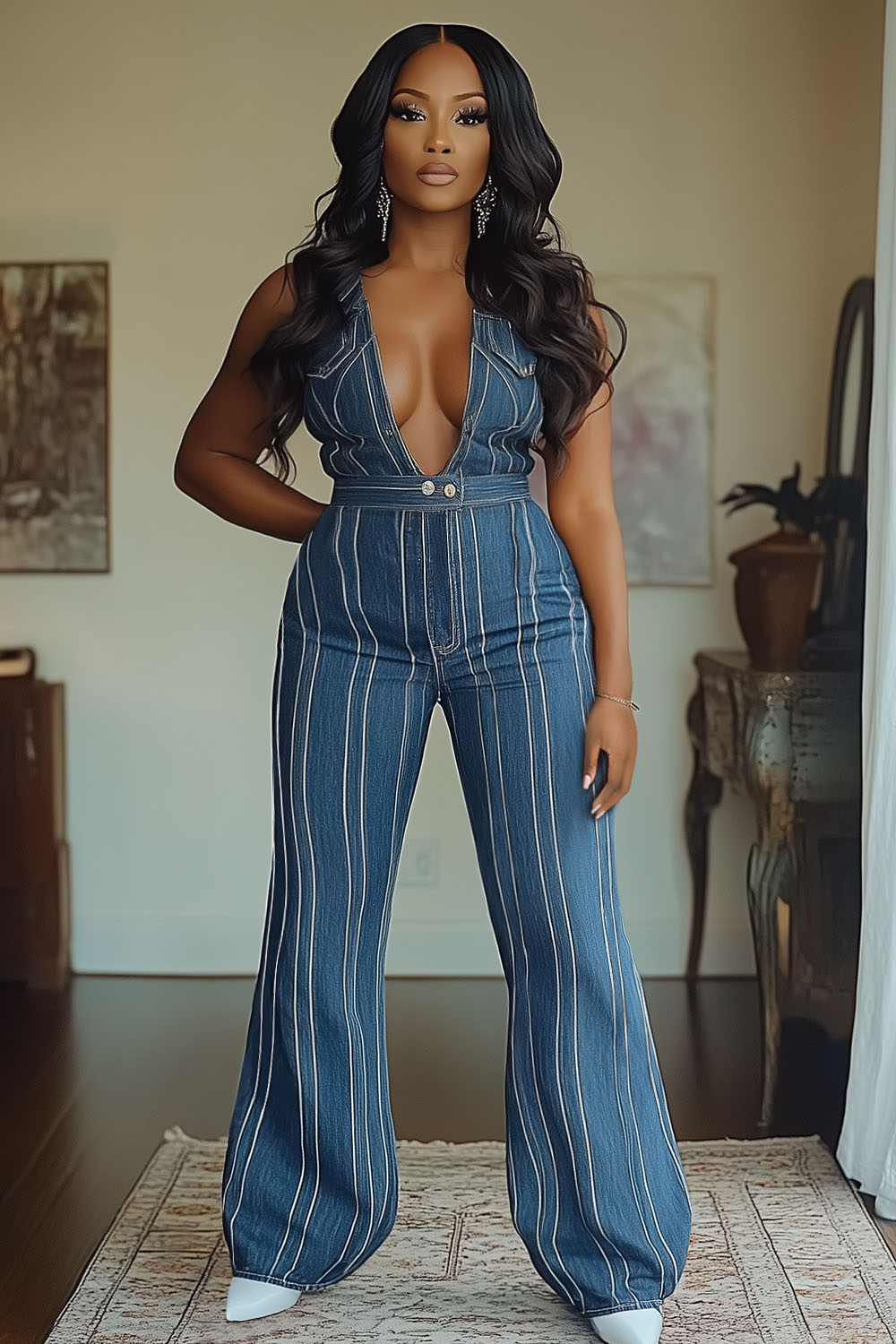 Deep V Neck Sleeveless Pinstripe Print Wide Leg Jumpsuit-Blue [Pre Order]
