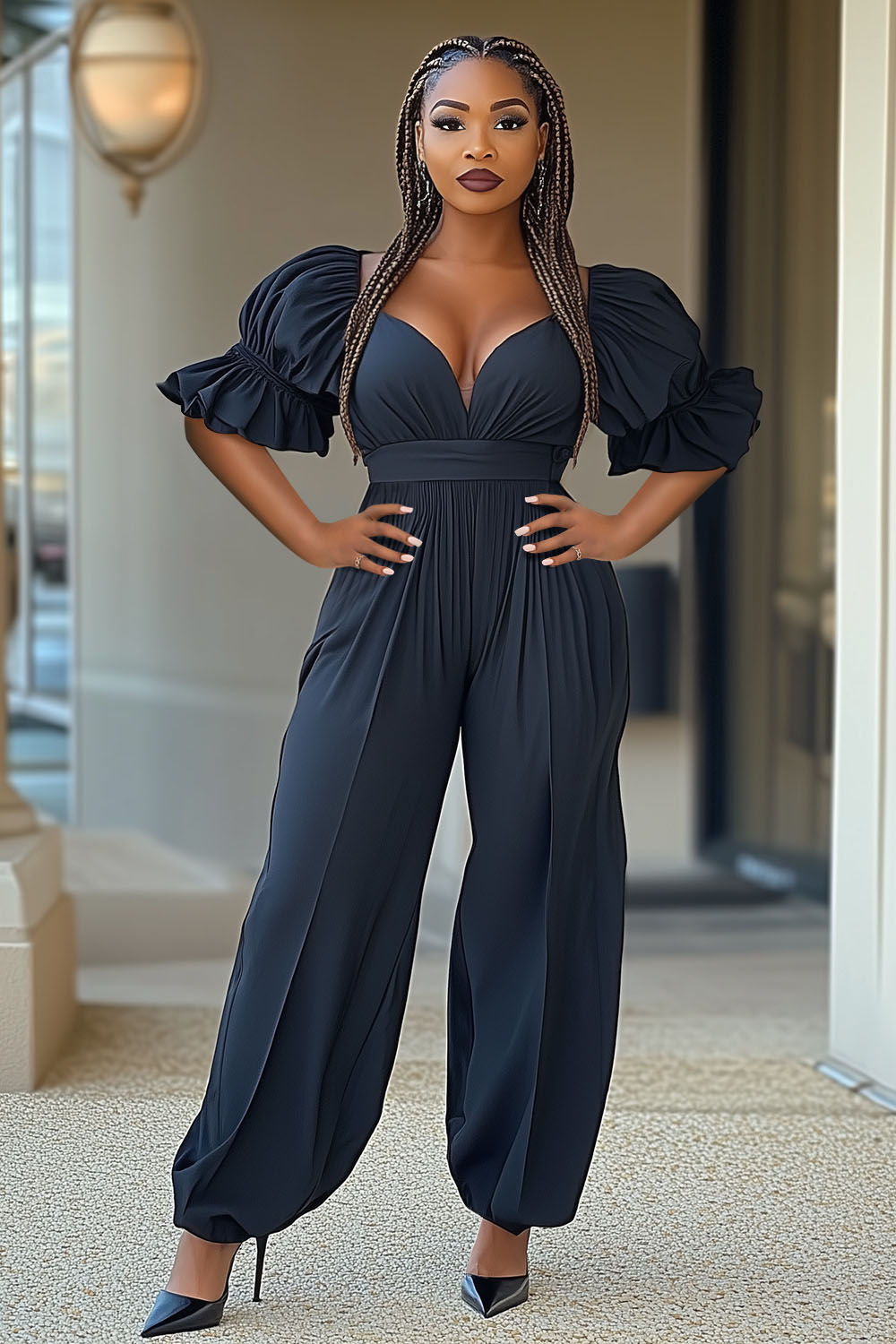 Ruffle Puff Sleeve V Neck High-Rise Tapered Leg Jumpsuit-Black [Pre Order]