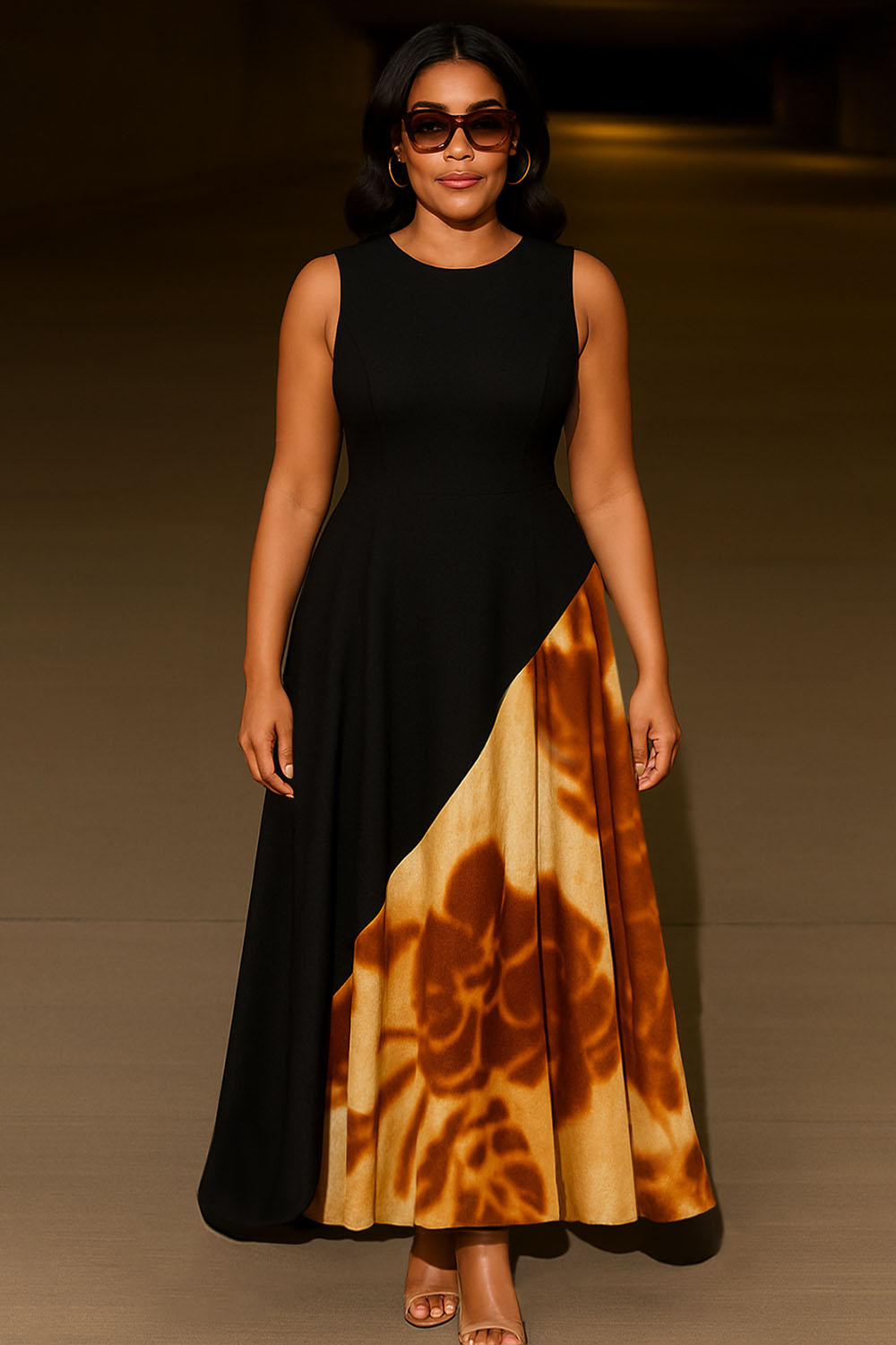 Crew Neck Sleeveless Asymmetric Print Daily Maxi Dresses-Black [Pre Order]