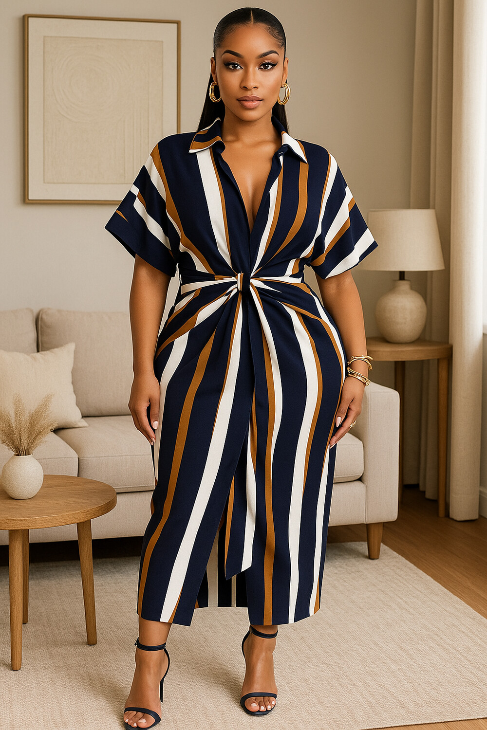 Colorblock Stripe Knotted Short Sleeve Maxi Shirt Dresses-Black [Pre Order]