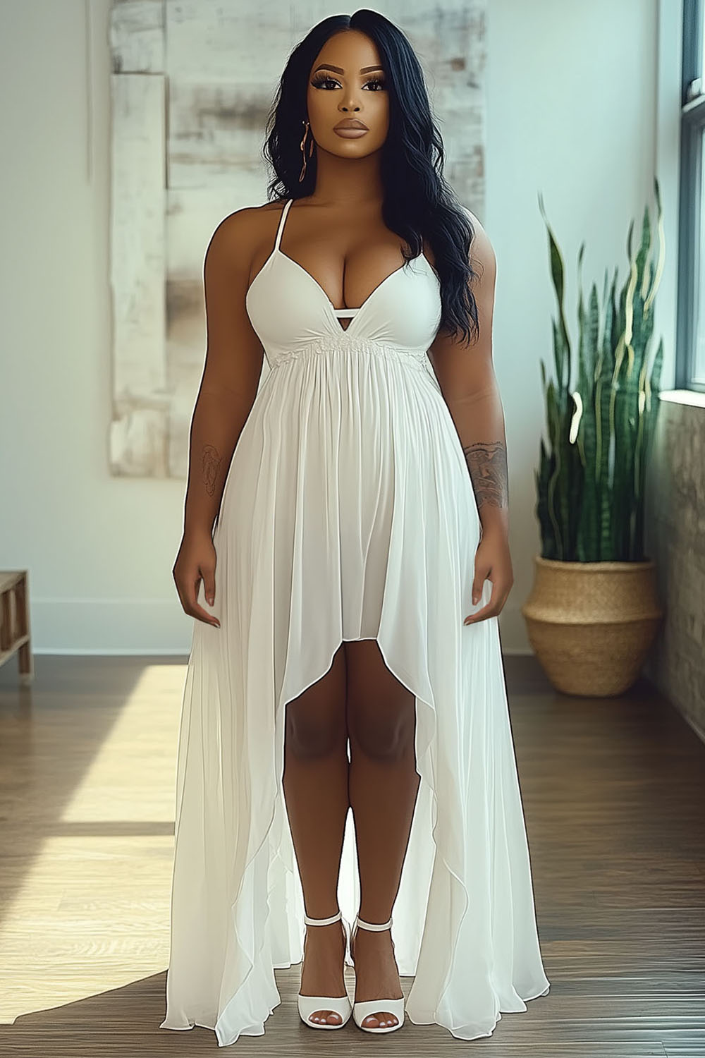 V Neck Cami Empire Waist Solid Party Maxi Mullet Dresses-White [Pre Order]