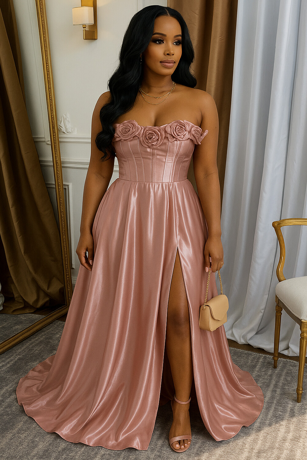 Strapless Rosette Corset High Slit Formal Party Maxi Dresses-Pink [Pre Order]