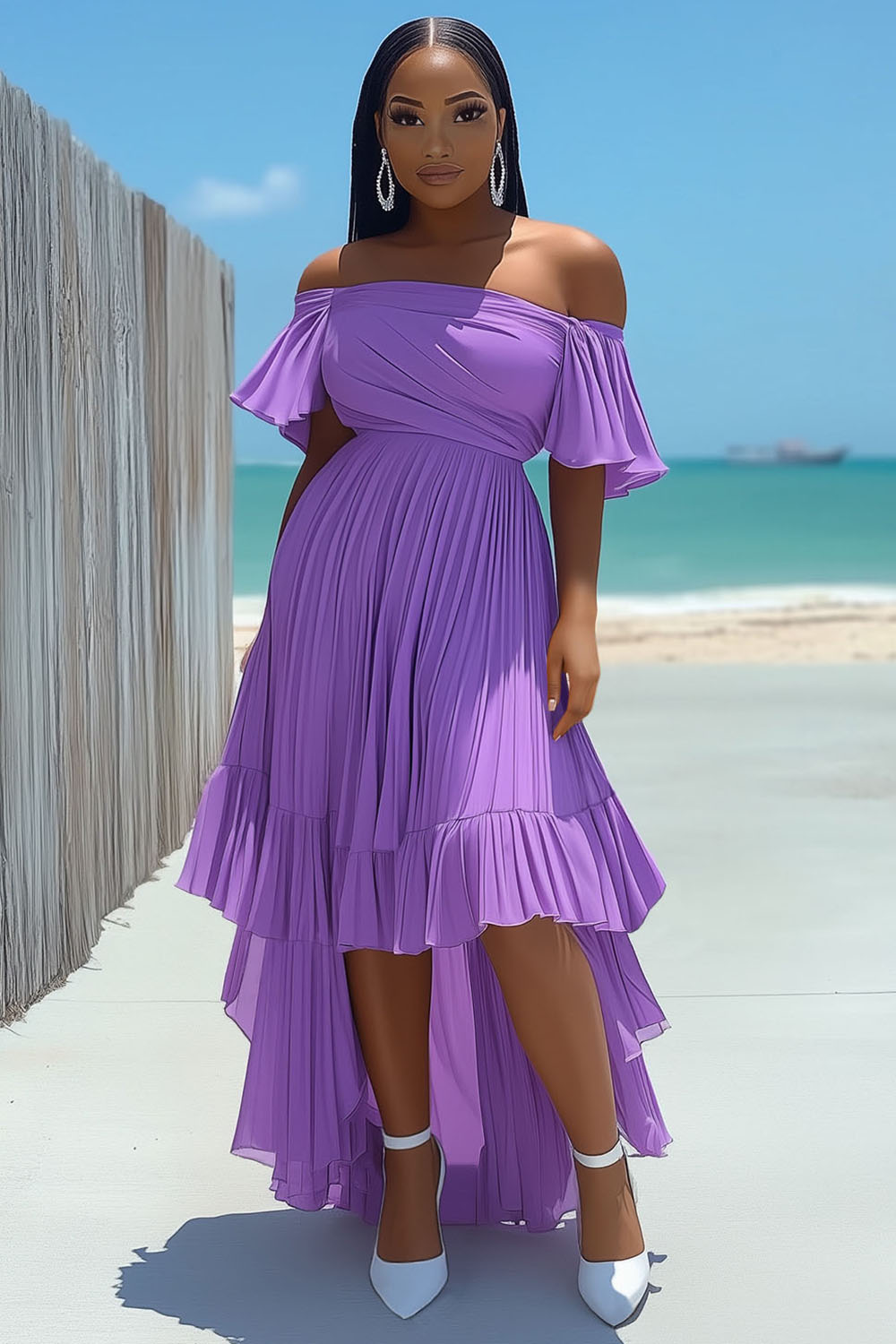 Off Shoulder Flutter Sleeve Vacation Mullet Maxi Dresses-Purple [Pre Order]