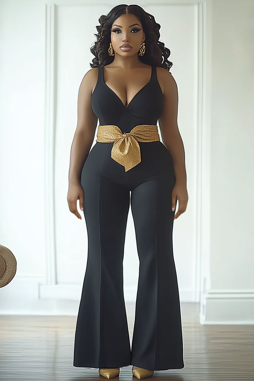 Cami V Neck Cinch Waist Knotted Party Flare Leg Jumpsuit-Black [Pre Order]