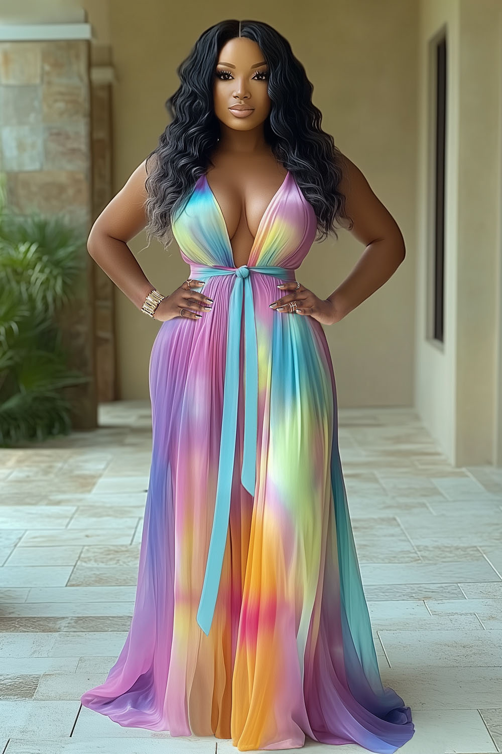 Multicolor Haze Print V Neck Vacation Cami Maxi Dresses-Purple [Pre Order]