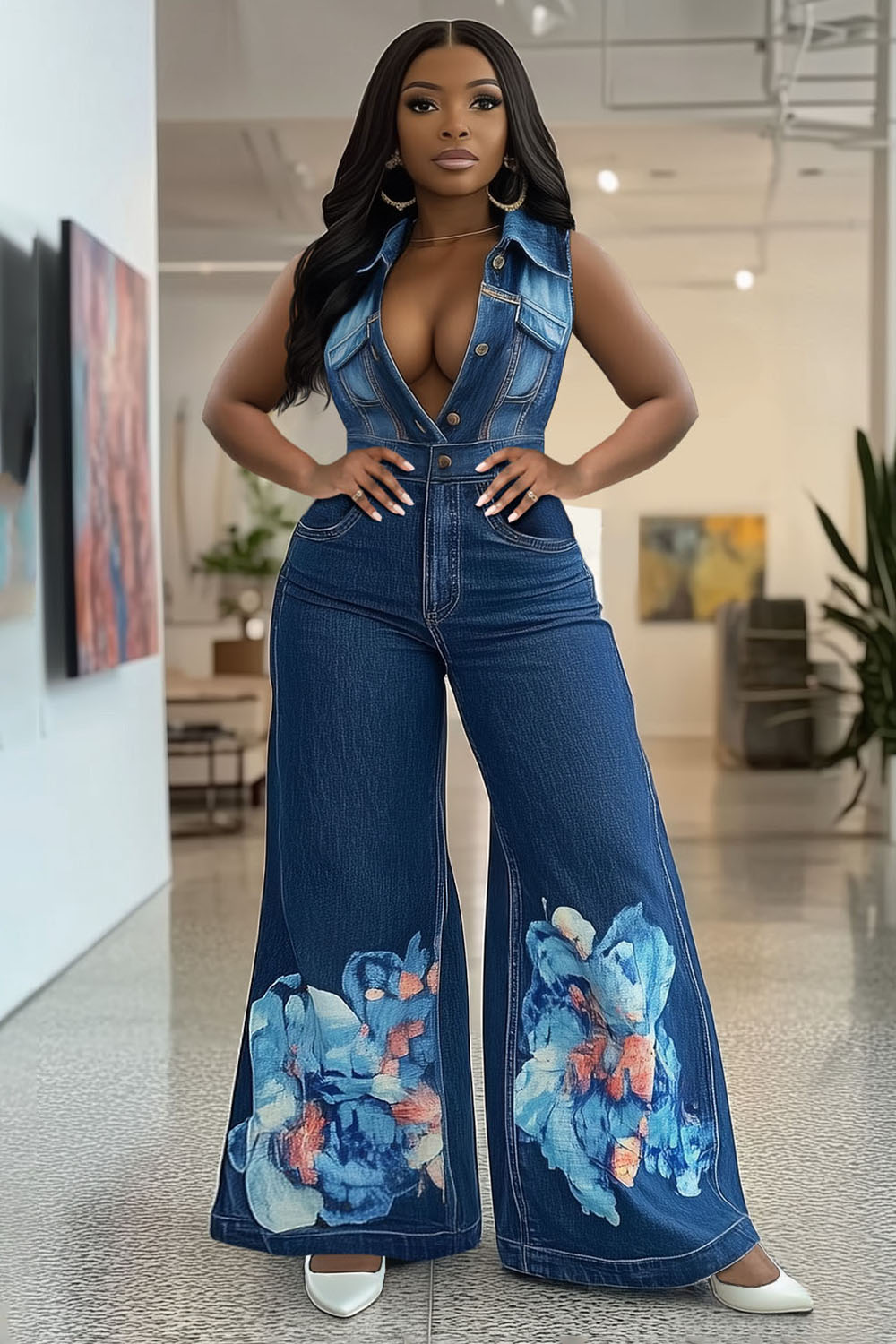 Button Up Sleeveless Floral Print Denim Flare Leg Jumpsuit-Blue [Pre Order]
