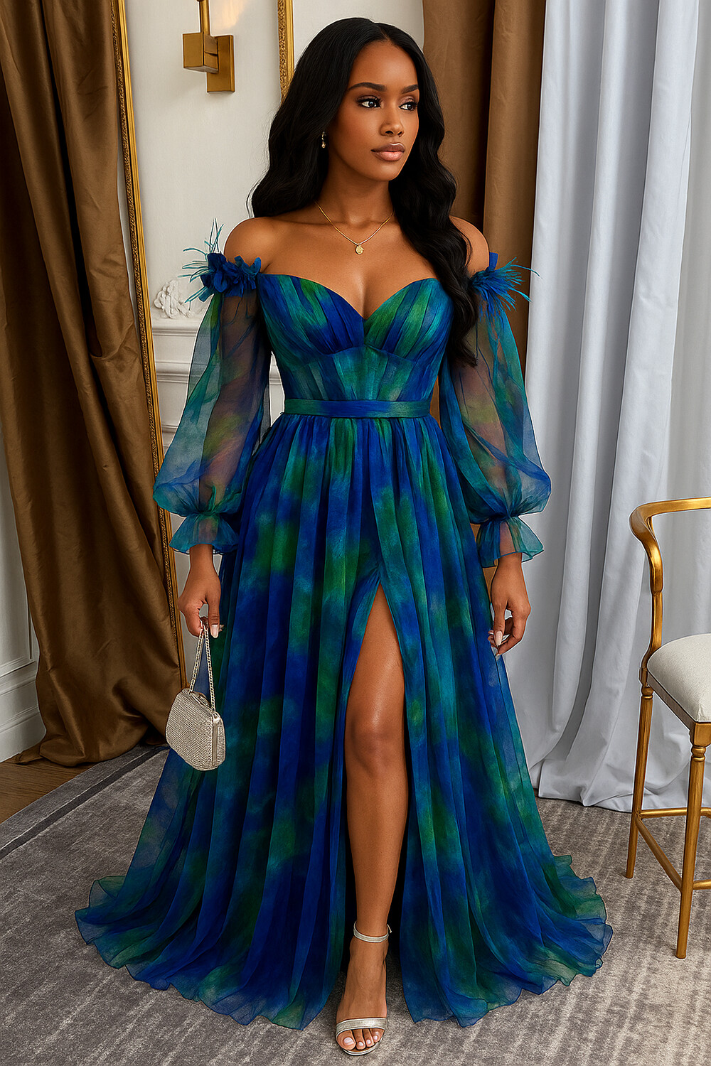 Off Shoulder Mesh Long Sleeve Haze Print Party Maxi Dresses-Blue [Pre Order]