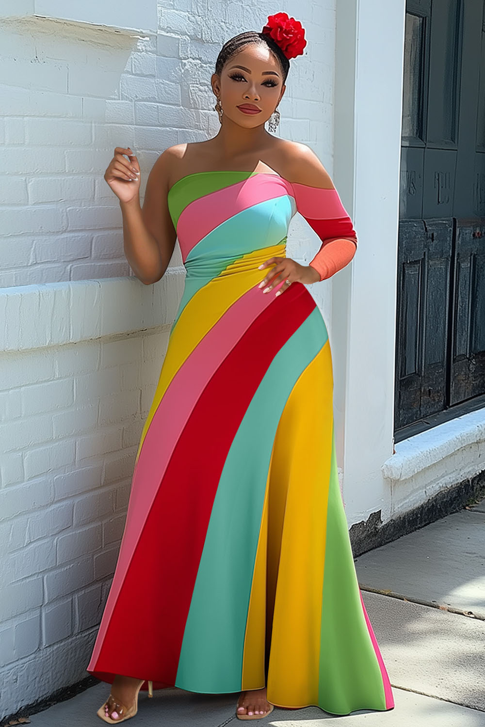 Off Shoulder Colorblock Print Party Vacay Maxi Dresses-Multicolor [Pre