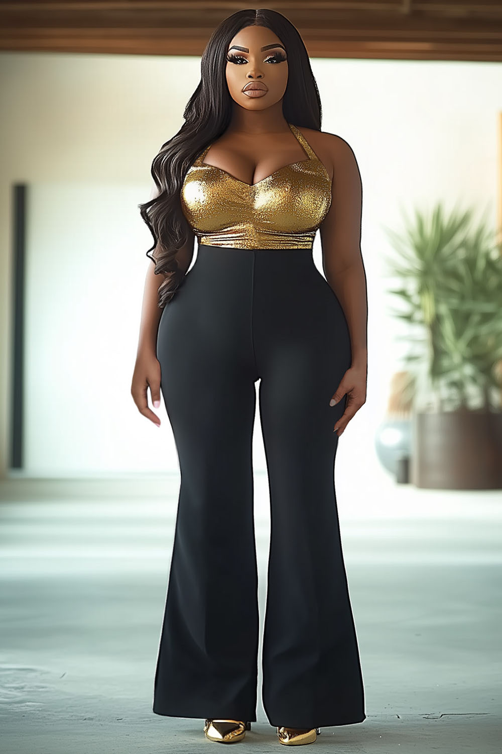 Metallic Patchwork Halter Party Flare Leg Jumpsuit-Black [Pre Order]