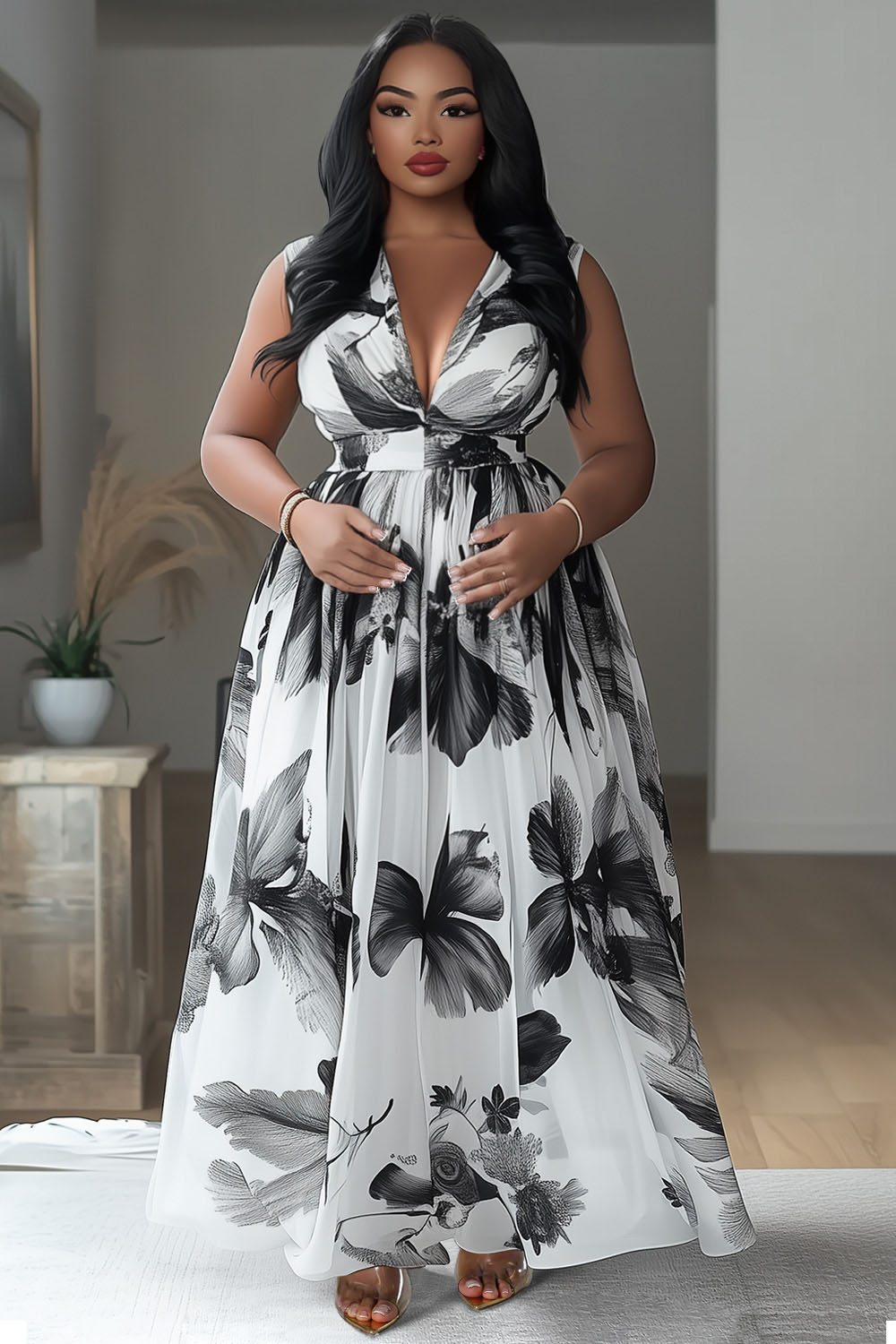 V Neck Sleeveless Floral Print Vacation Maxi Dresses-White [Pre Order]