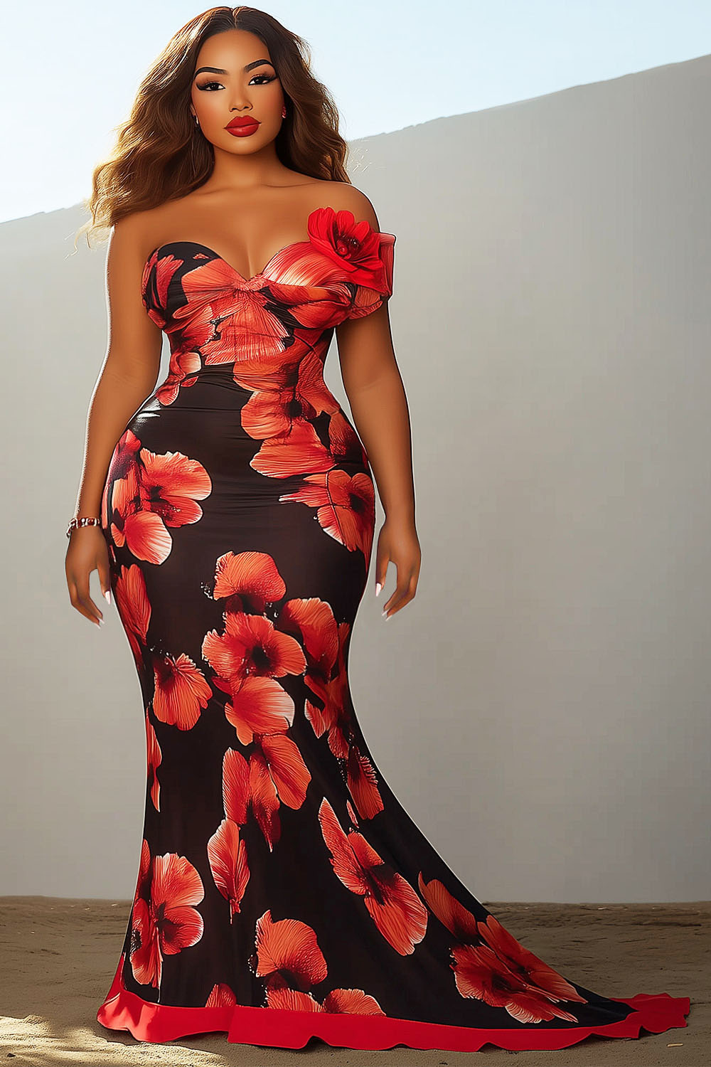 3D Flower Decor Print Strapless Party Maxi Mermaid Dresses-Black [Pre Order]