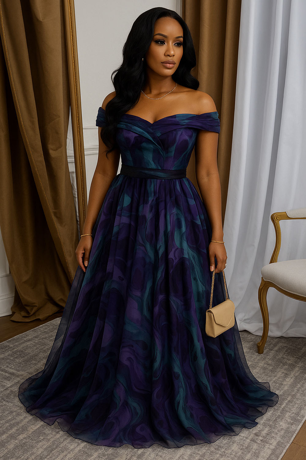 Off Shoulder Overlap Print Mesh Cinched Party Maxi Dresses-Purple [Pre Order]