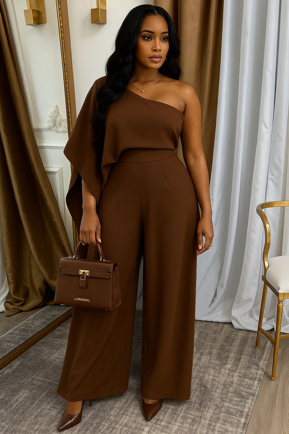 One Shoulder Bat-Wing Sleeve Party Wide Leg Jumpsuit-Brown [Pre Order]