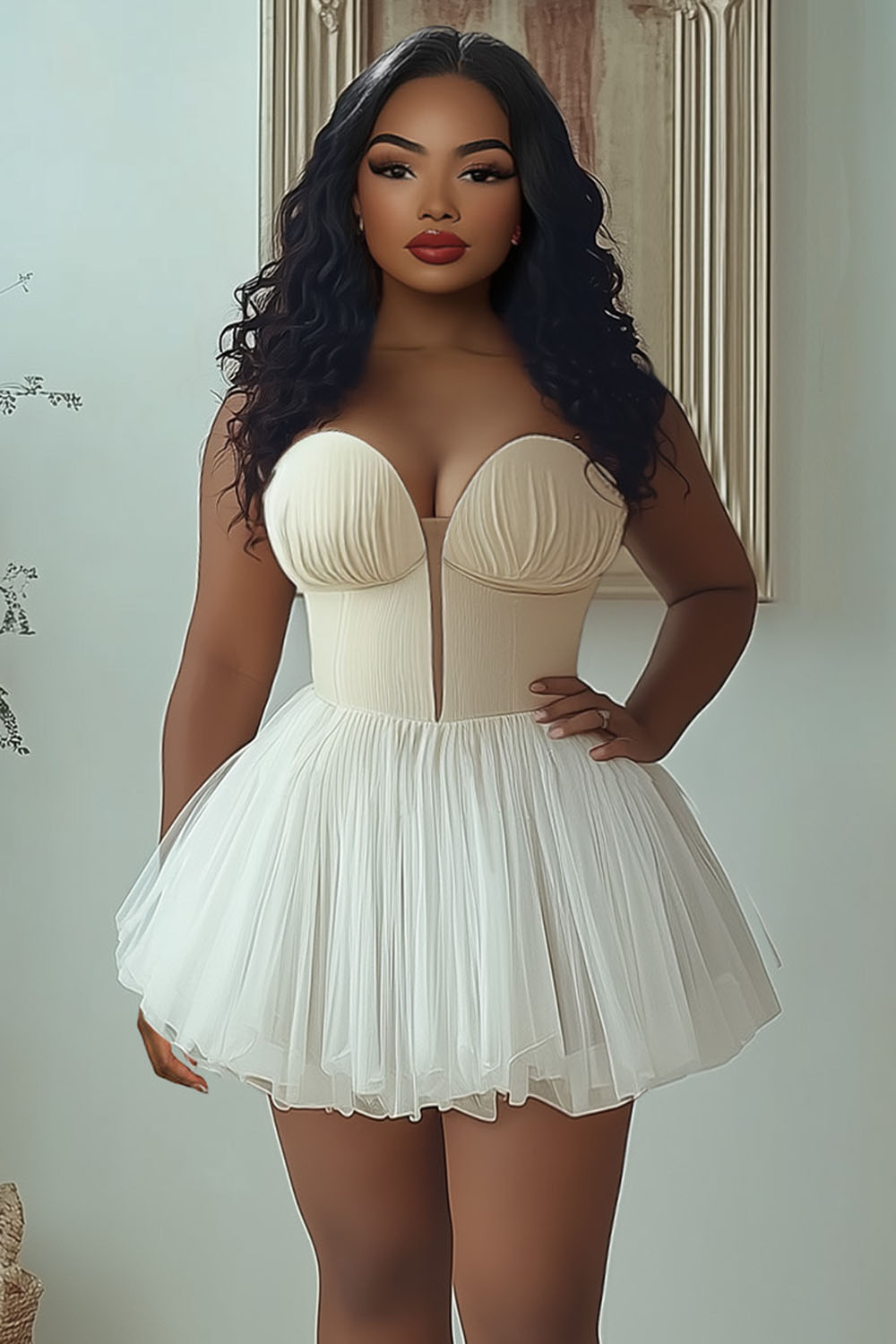 Strapless Notched Neck Corset Party Tulle Mini Dresses-White [Pre Order]