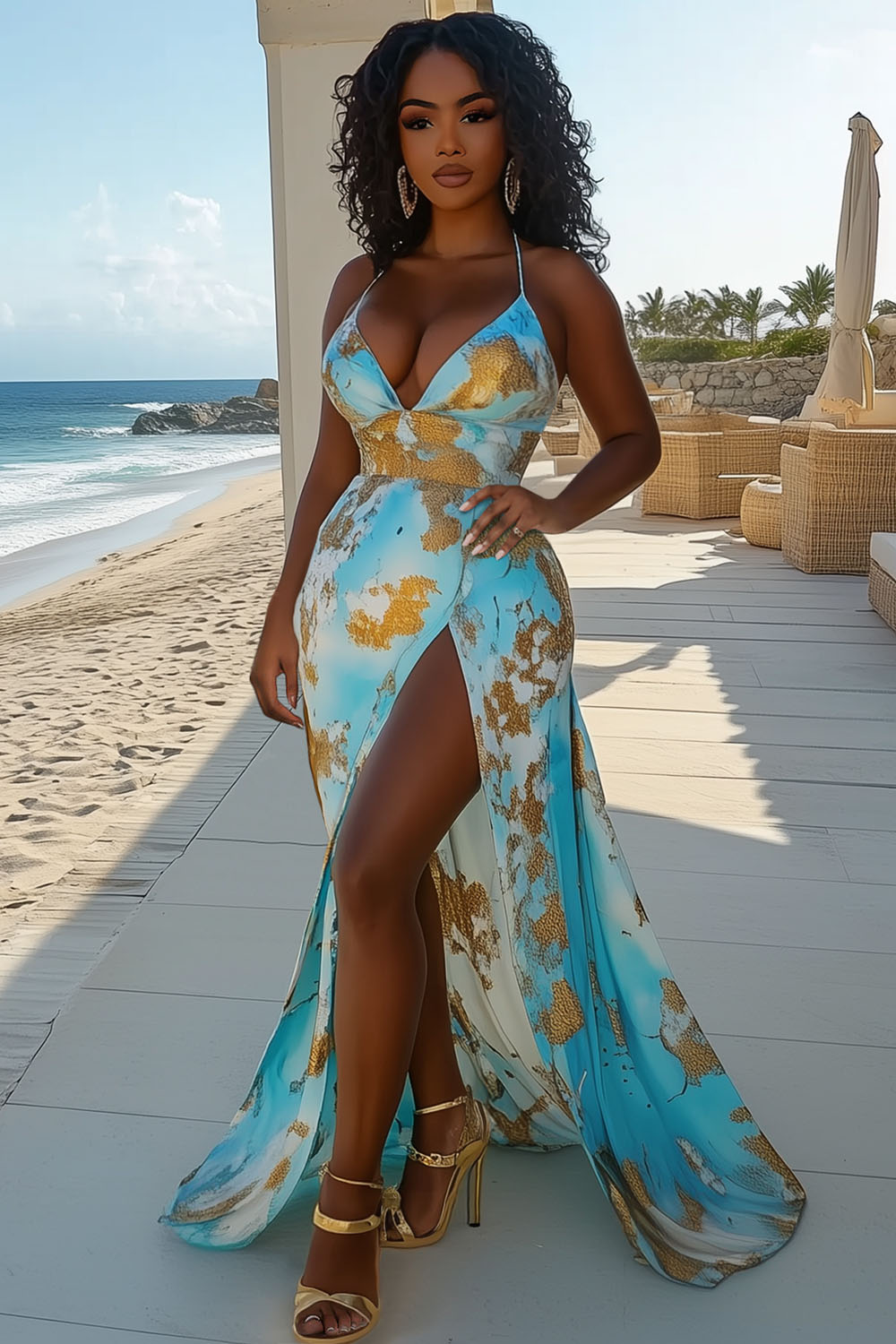 Halter V Neck Cinched Print High Slit Vacation Maxi Dresses-Blue [Pre Order]