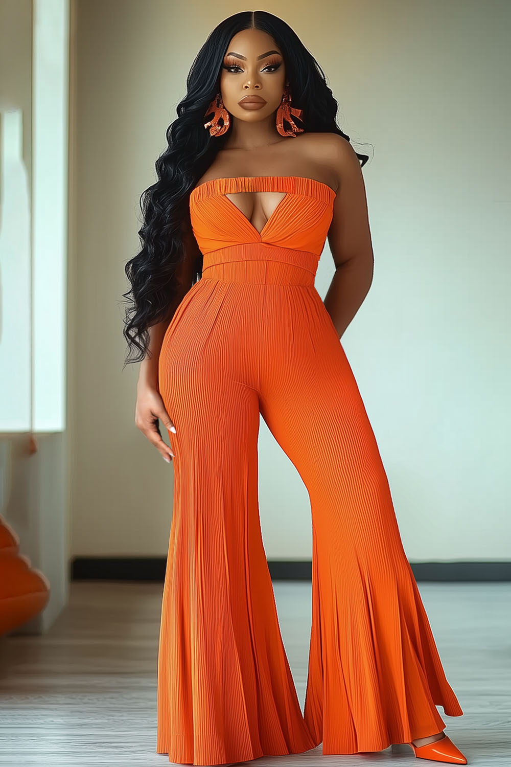 Strapless Triangle Cutout Vacation Flare Leg Jumpsuit-Orange [Pre Order]