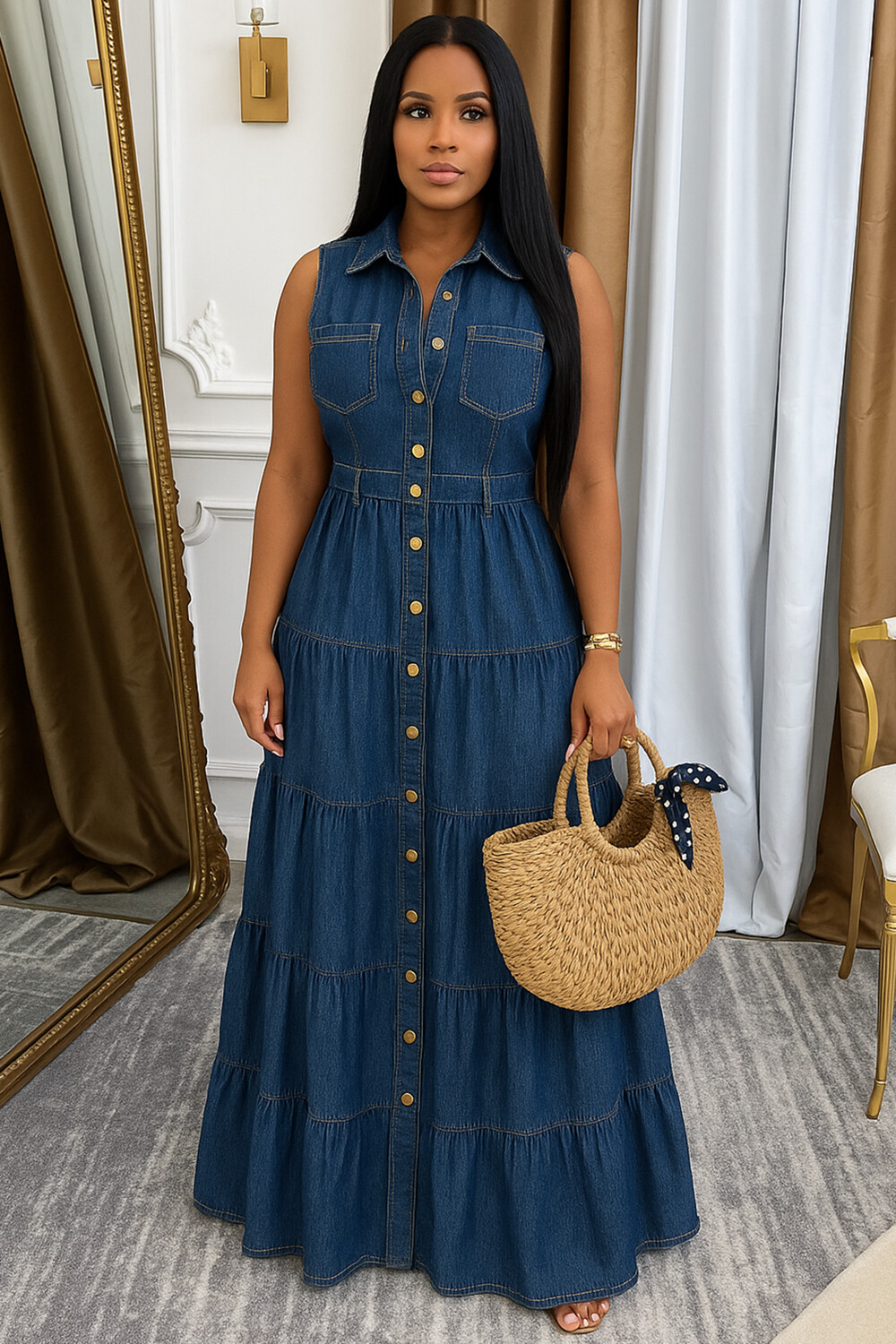 Button Up Sleeveless Quilted Vacation Denim Maxi Dresses-Blue [Pre Order]