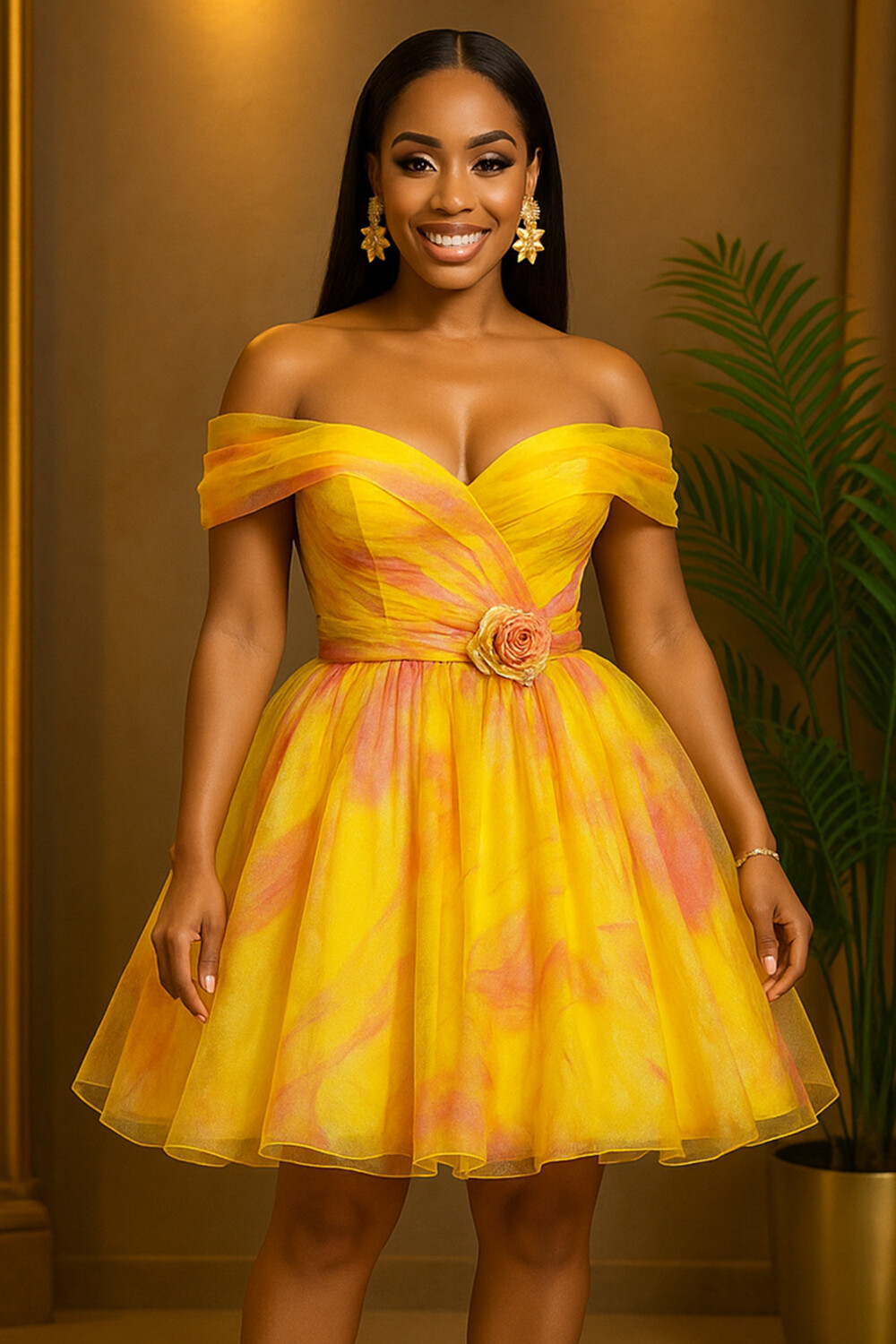 Off Shoulder Overlap Rosette Party Mini Tulle Dresses-Yellow [Pre Order]