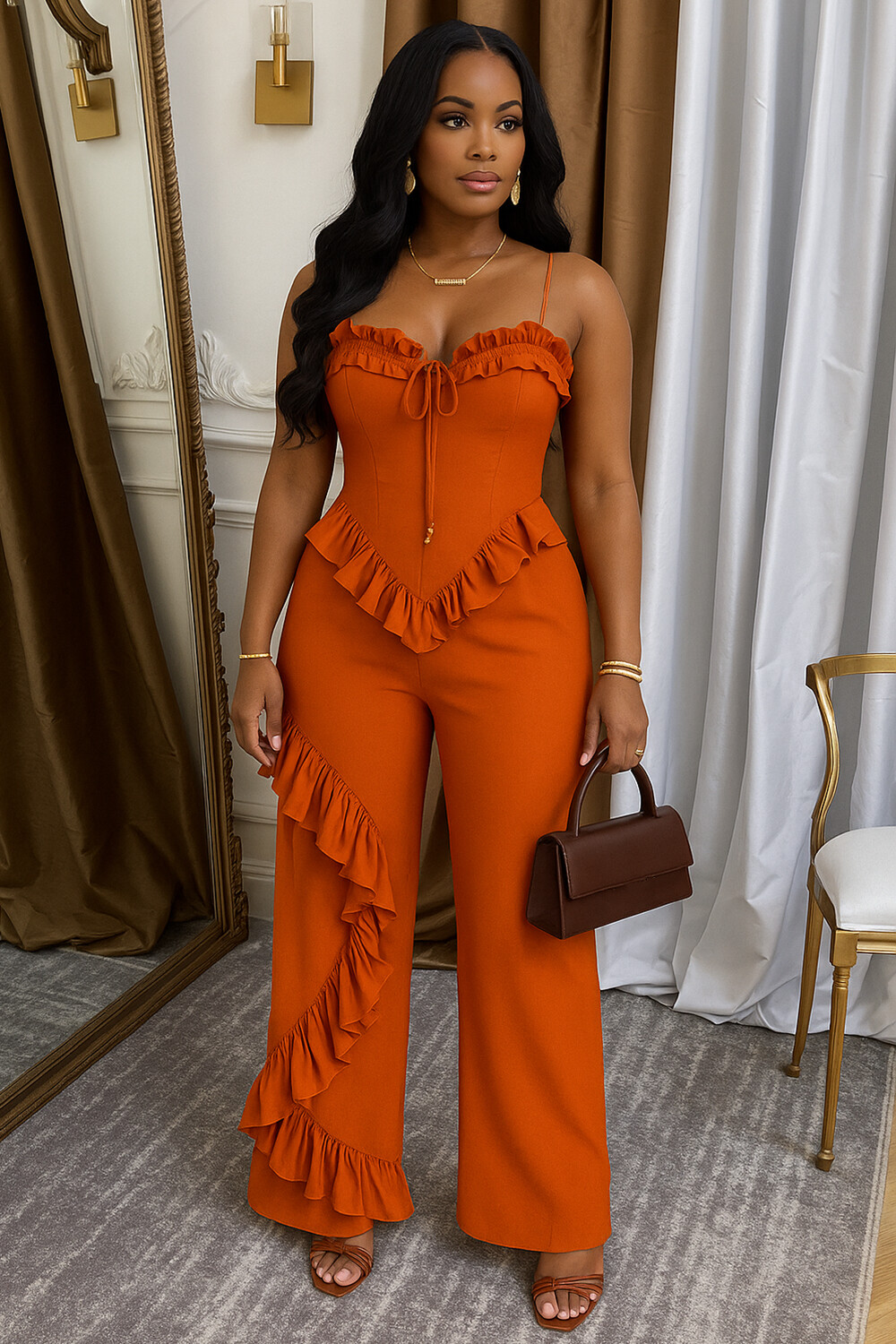 Ruffle Decor Tied Up Cami Solid Party Wide Leg Jumpsuit-Orange [Pre Order]