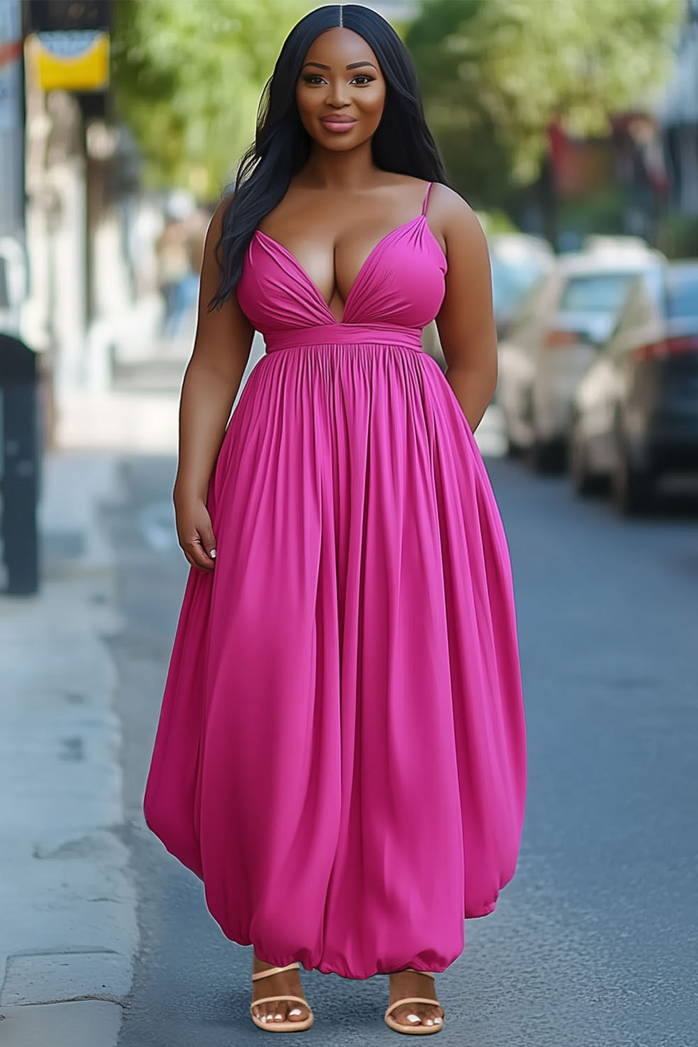 V Neck Cami Gathered Bubble Solid Vacation Maxi Dresses-Fuchsia [Pre Order]