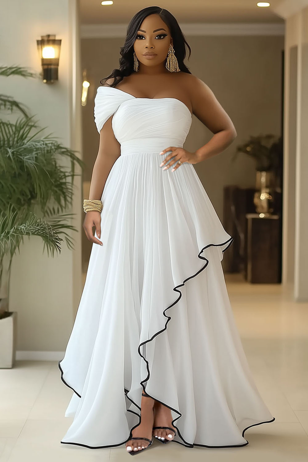 One Shoulder Asymmetric Overlay Hem Party Maxi Dresses-White [Pre Order]