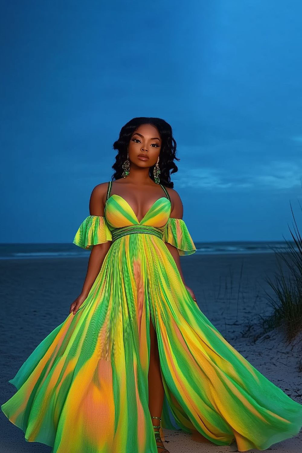 Cold Shoulder V Neck Ombre Slit Hem Vacation Maxi Dresses-Green [Pre Order]
