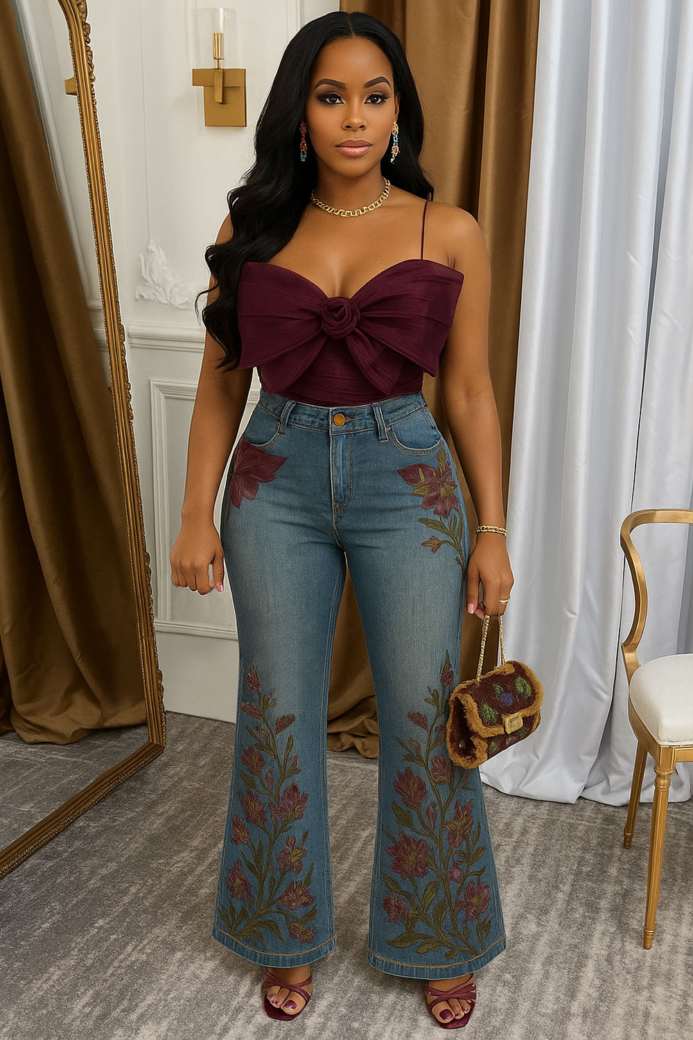 Bow Cami Top Embroidery Denim Flare Leg Pants 2pcs Set-Blue [Pre Order]