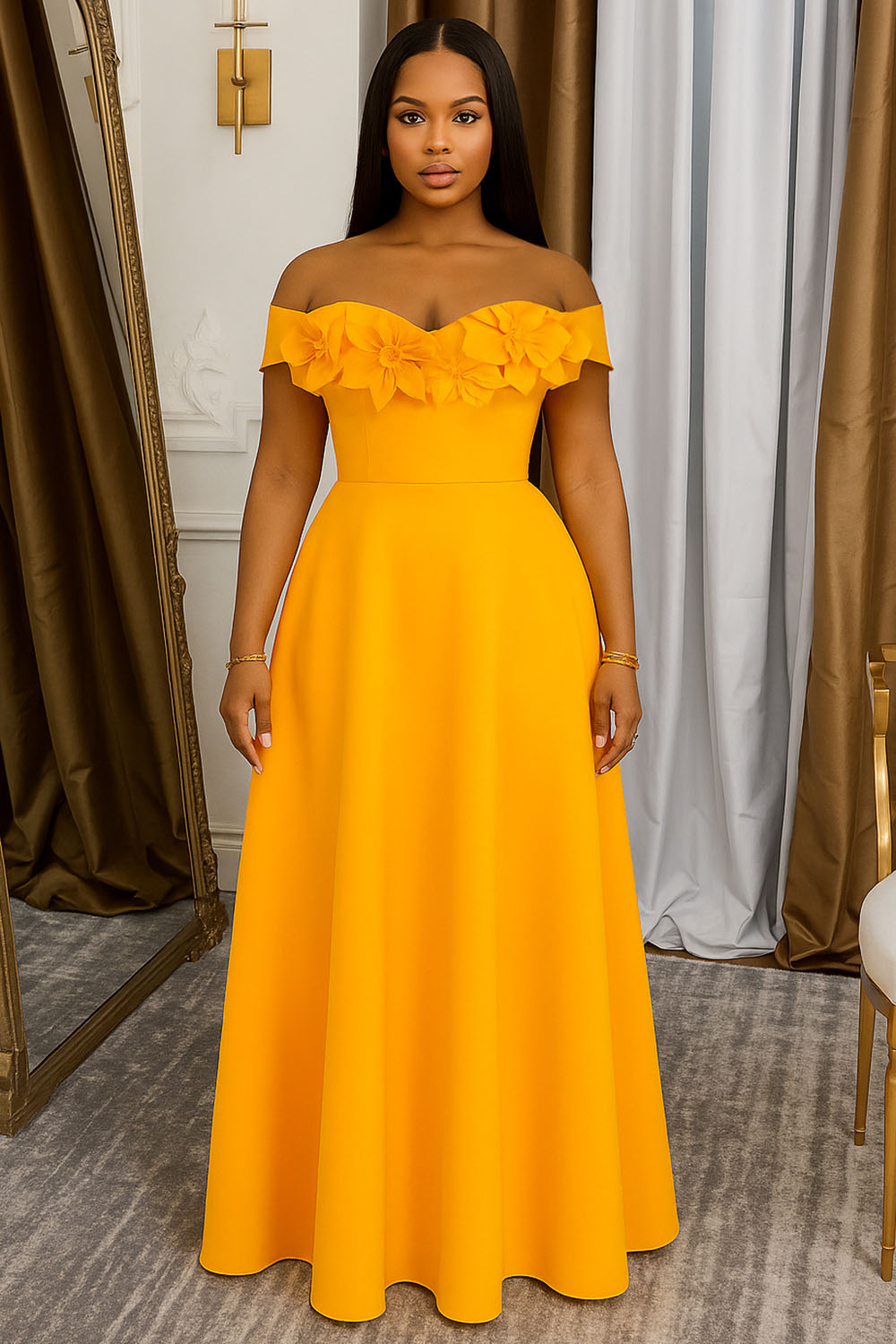 Off Shoulder 3D Flower Decor Cinched Party Maxi Dresses-Orange [Pre Order]