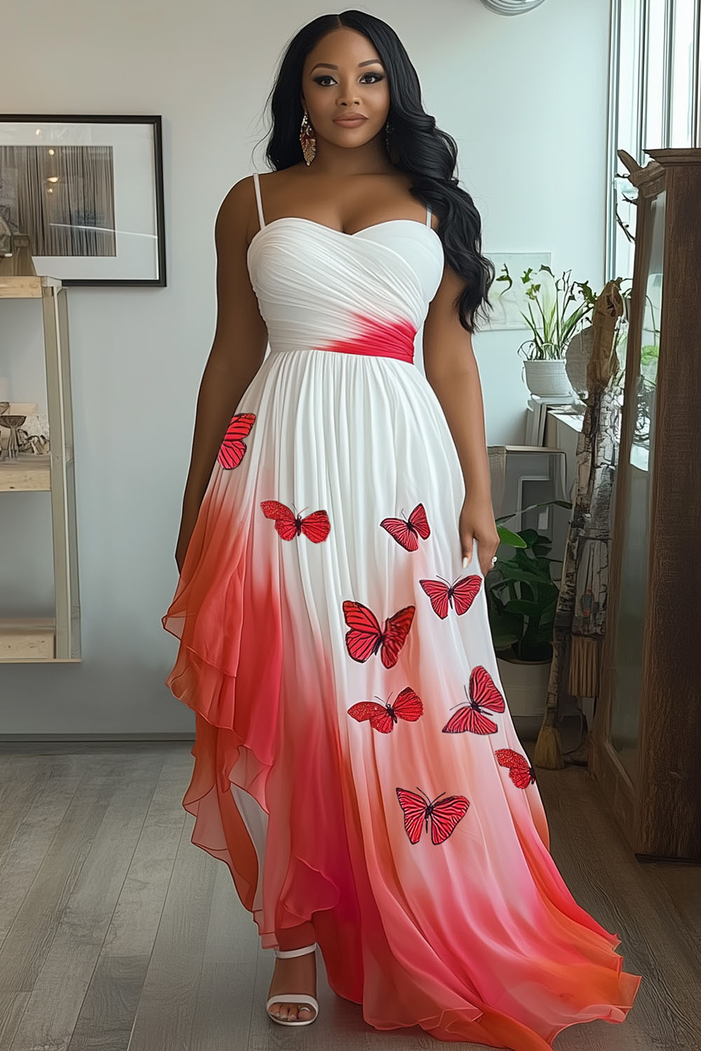 Ombre Butterfly Print Asymmetric Wedding Guest Maxi Dresses-Red [Pre Order]