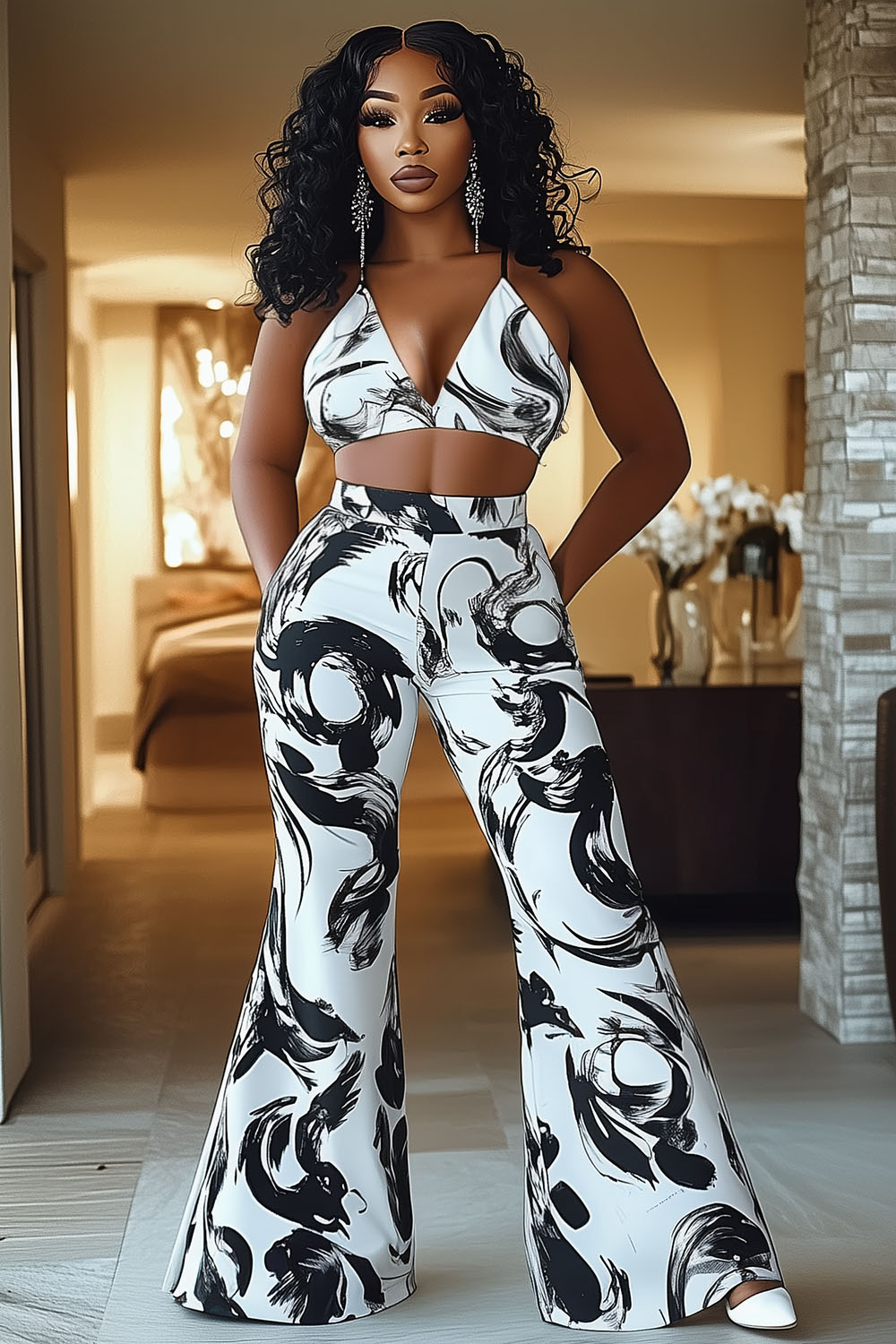 Cami Triangle Bikini Top Print Flare Leg Pants 2pcs Set-White [Pre Order]