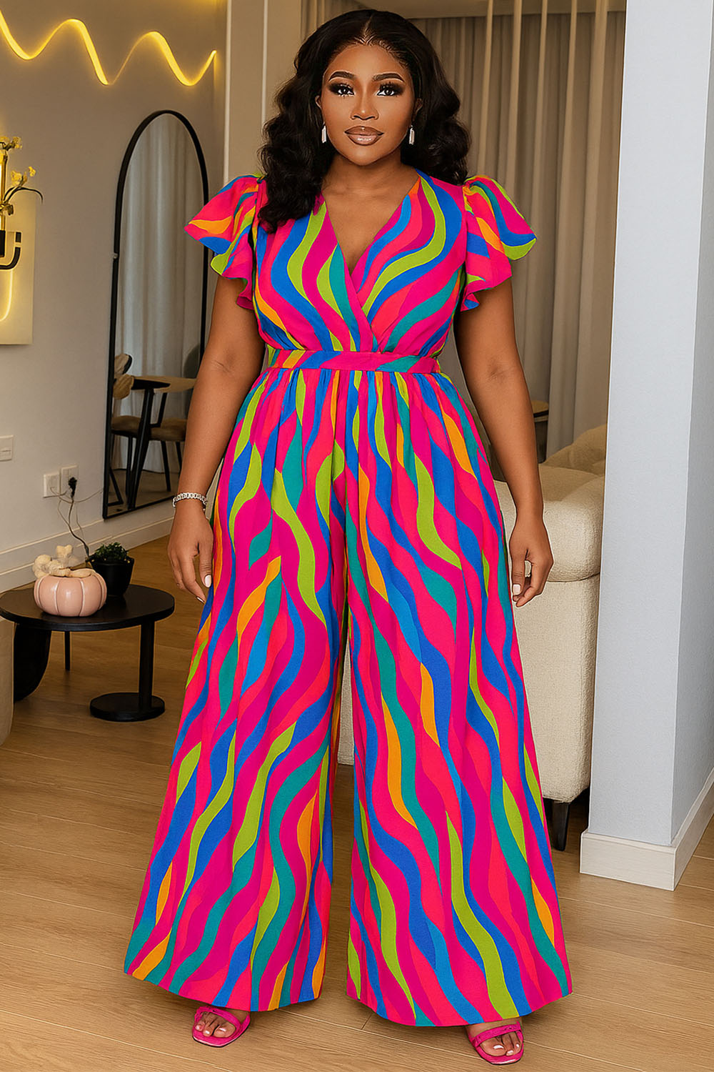 Flutter Sleeve Overlap V Neck Print Wide Leg Jumpsuit-Fuchsia [Pre Order]