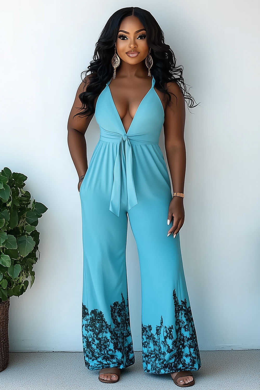V Neck Cami Placement Print Vacation Wide Leg Jumpsuit-Blue [Pre Order]