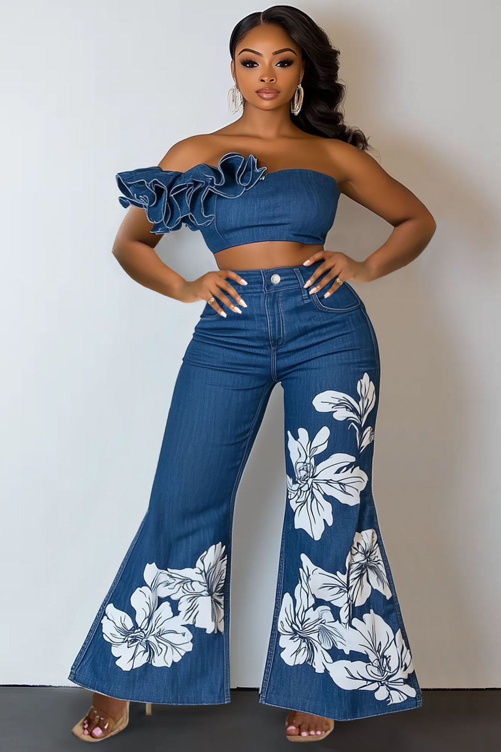 Ruffle Tube Top Floral Print Flare Leg Pants Denim 2pcs Set-Blue [Pre Order]