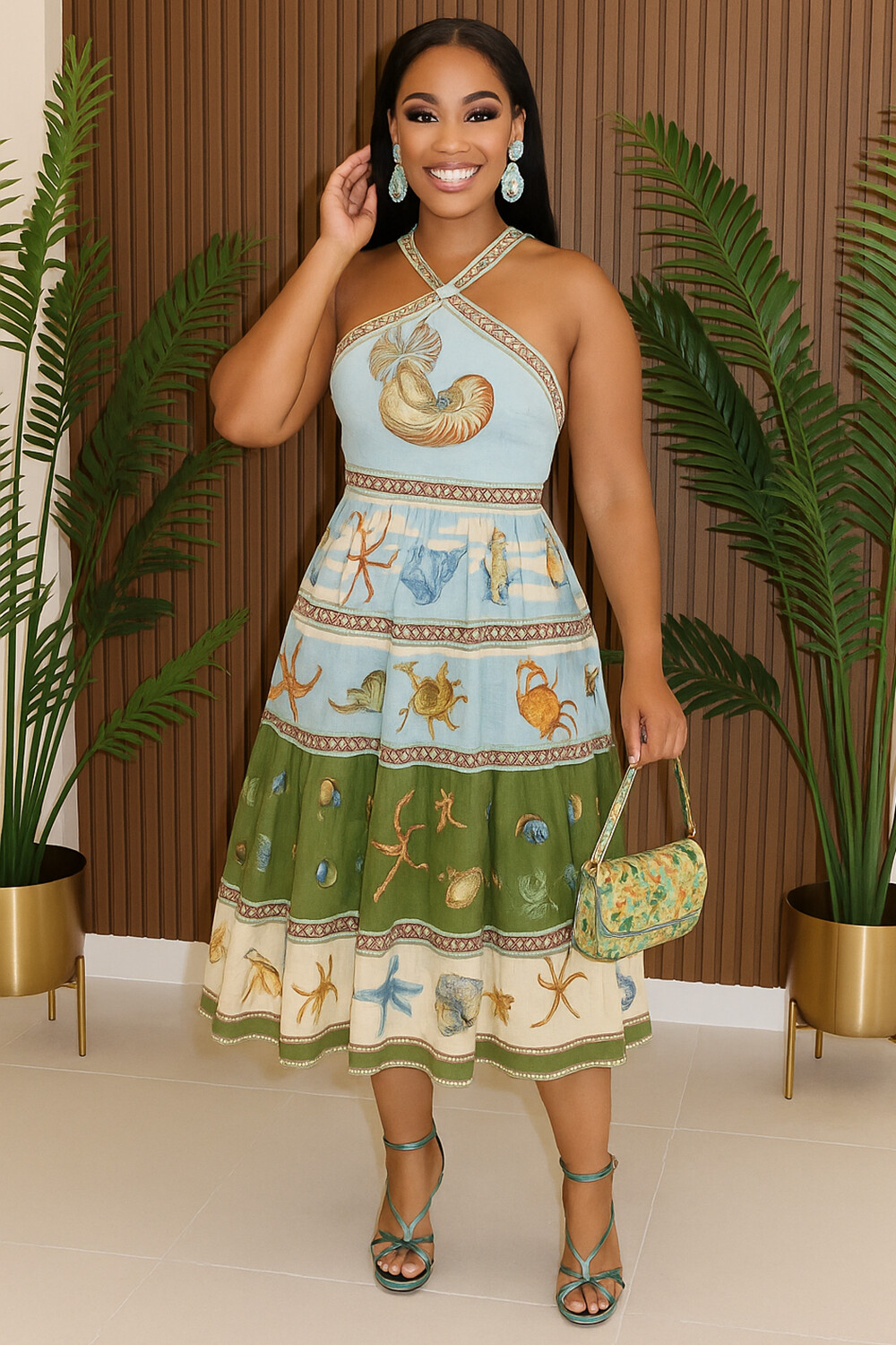 Halter Colorblock Ocean Creatures Print Vacay Midi Dresses-Blue [Pre Order]