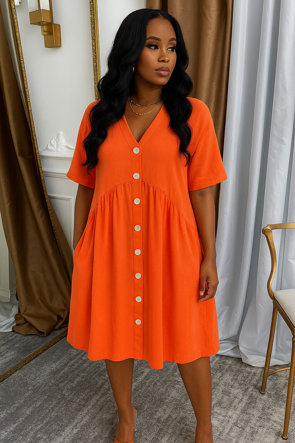 V Neck Short Sleeve Quilted Button Up Daily Midi Dresses-Orange [Pre Order]