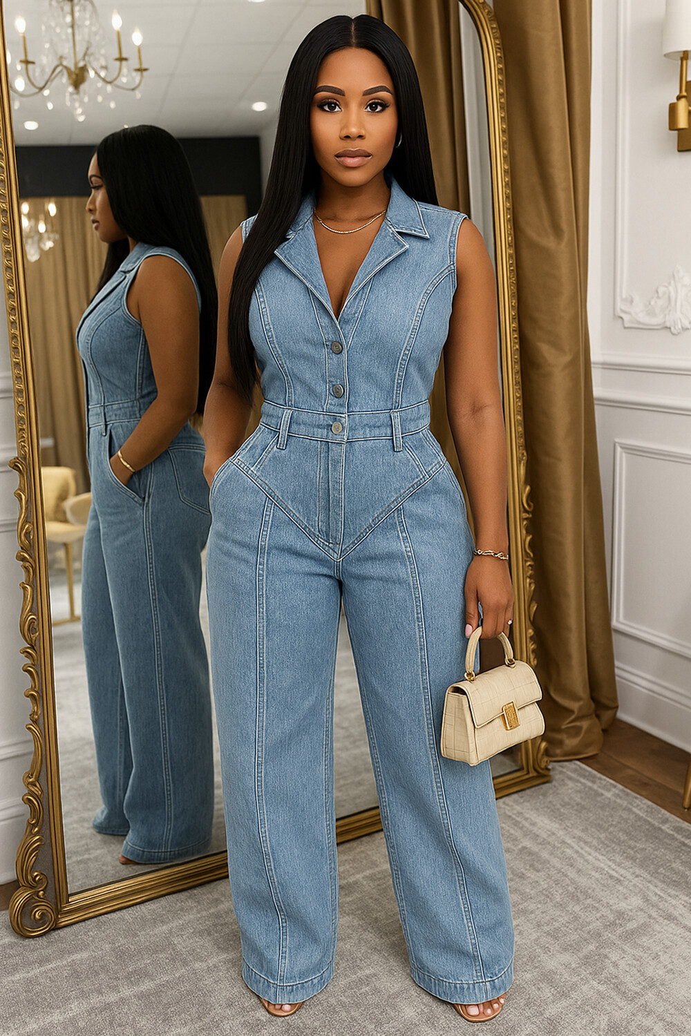 Lapel Collar Sleeveless Seam Detail Denim Wide Leg Jumpsuit-Blue [Pre Order]