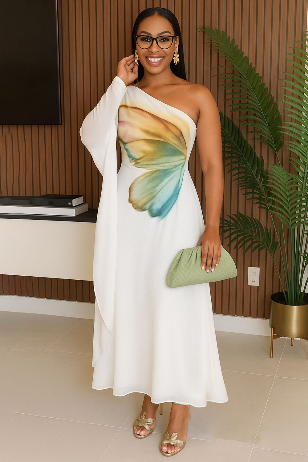 One Shoulder Sash Sleeve Butterfly Print Party Maxi Dresses-White [Pre Order]