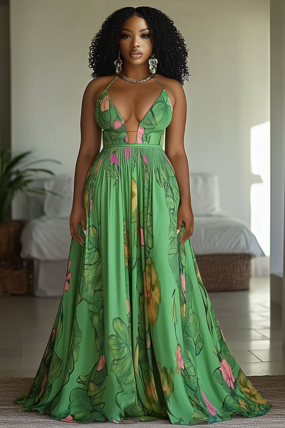 Halter V Neck Floral Print Gathered Vacation Maxi Dresses-Green [Pre Order]