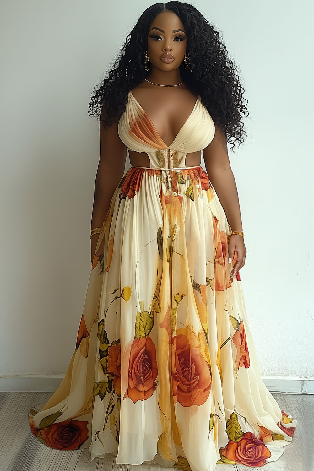 V Neck Cutout Floral Print Party Sleeveless Maxi Dresses-Yellow [Pre Order]