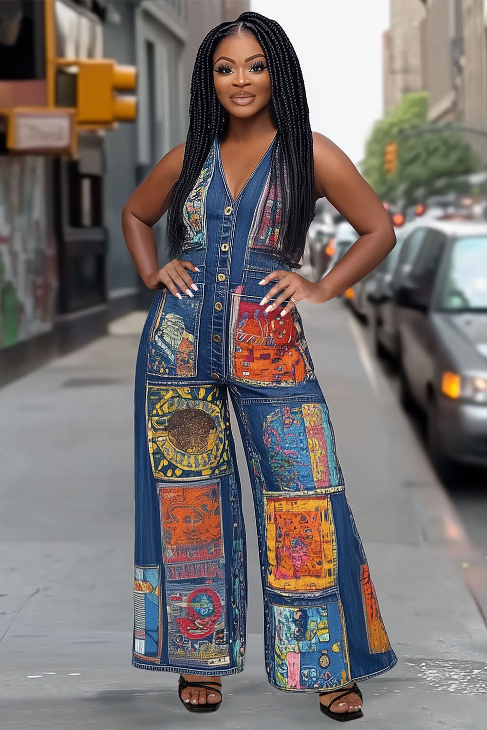 V Neck Boho Patch Denim-Like Print Daily Wide Leg Jumpsuit-Blue [Pre Order]