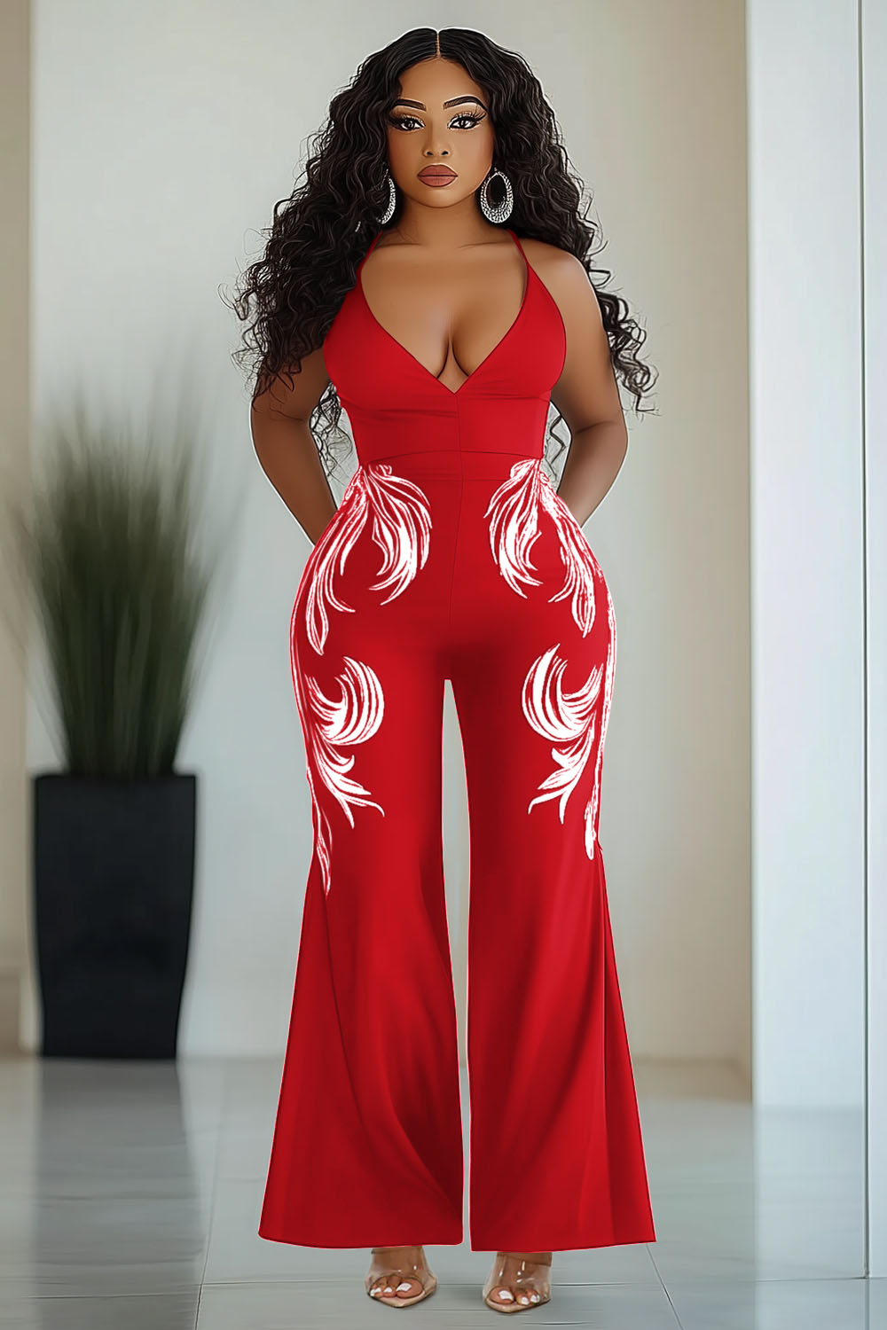 V Neck Cami Print Cinch Waist Daily Flare Leg Jumpsuit-Red [Pre Order]