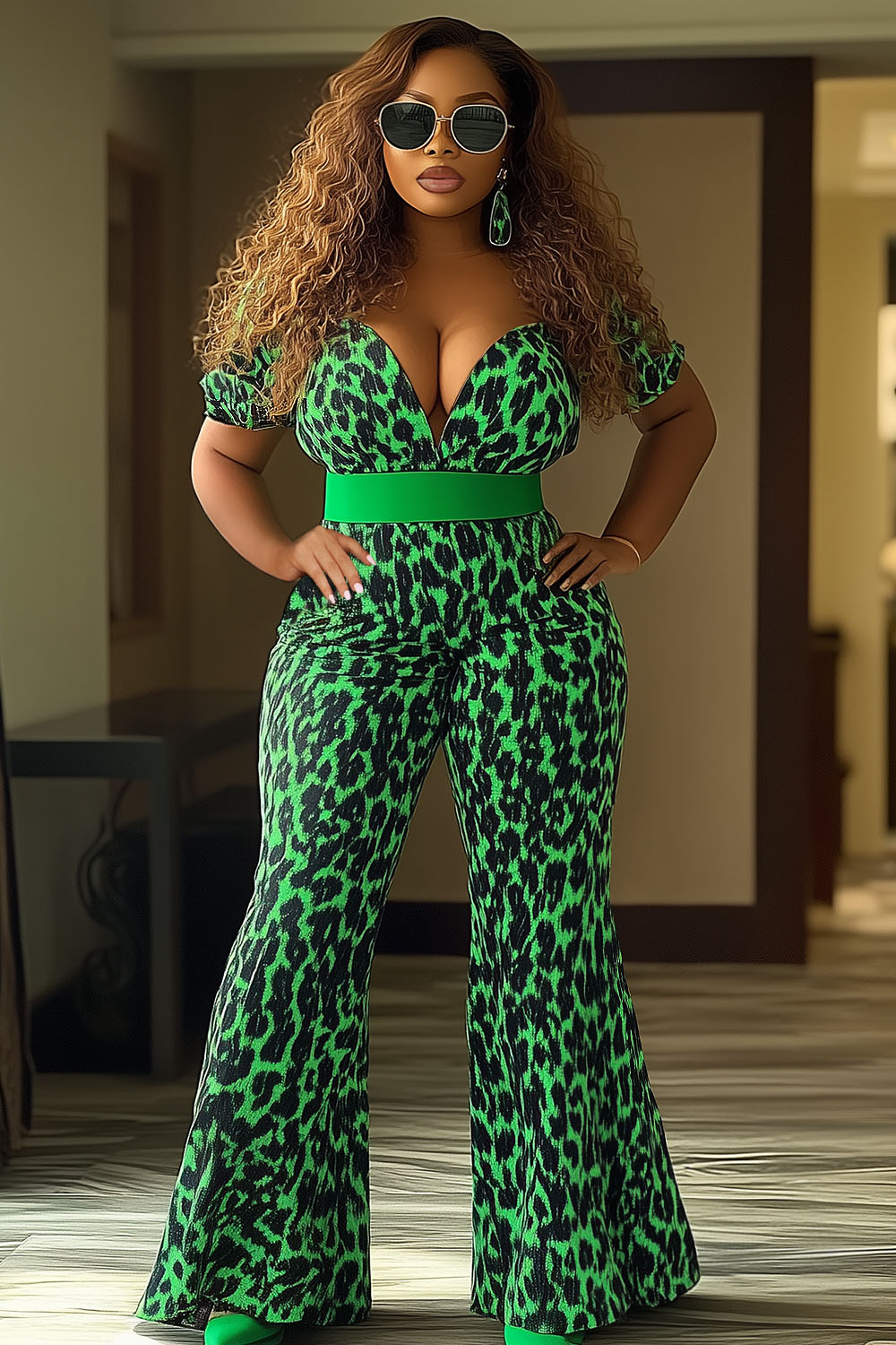 Leopard Print Off Shoulder Cinched Party Flare Leg Jumpsuit-Green [Pre Order]