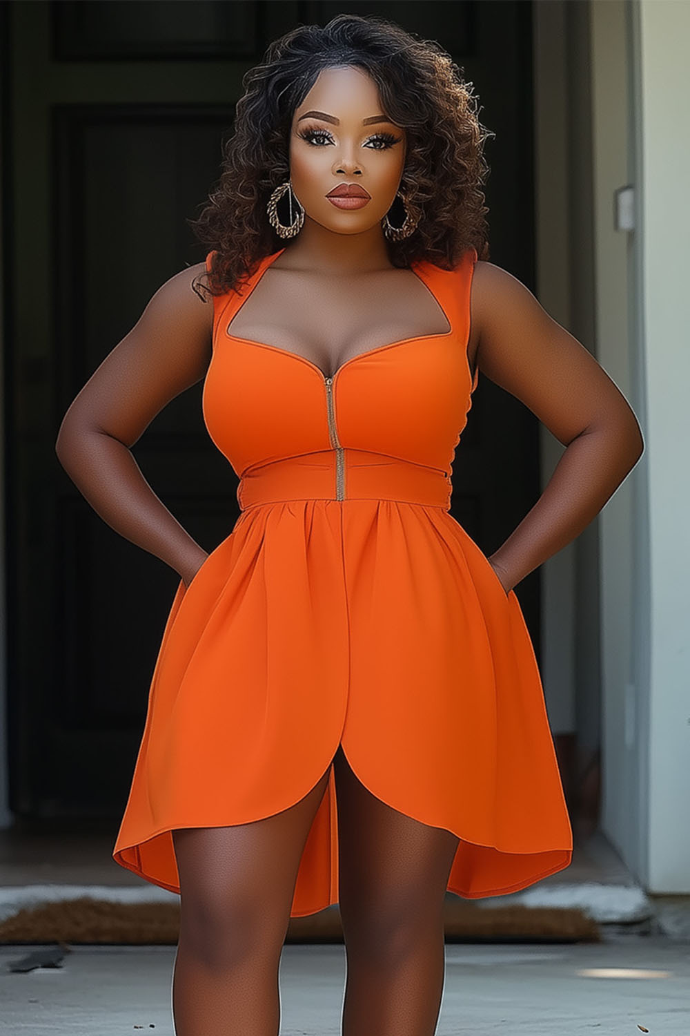 Half Zip-Up Sleeveless Cinched Overlap Mini Dresses-Orange [Pre Order]