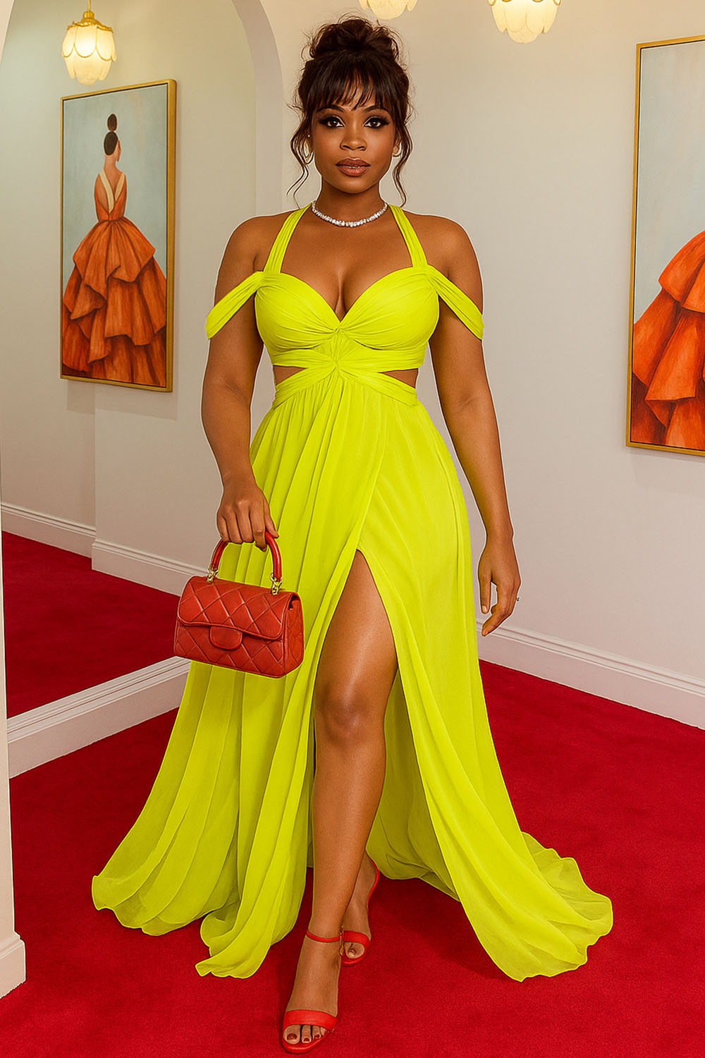 Cold Shoulder Cutout Overlap Slit Party Maxi Dresses-Yellow [Pre Order]