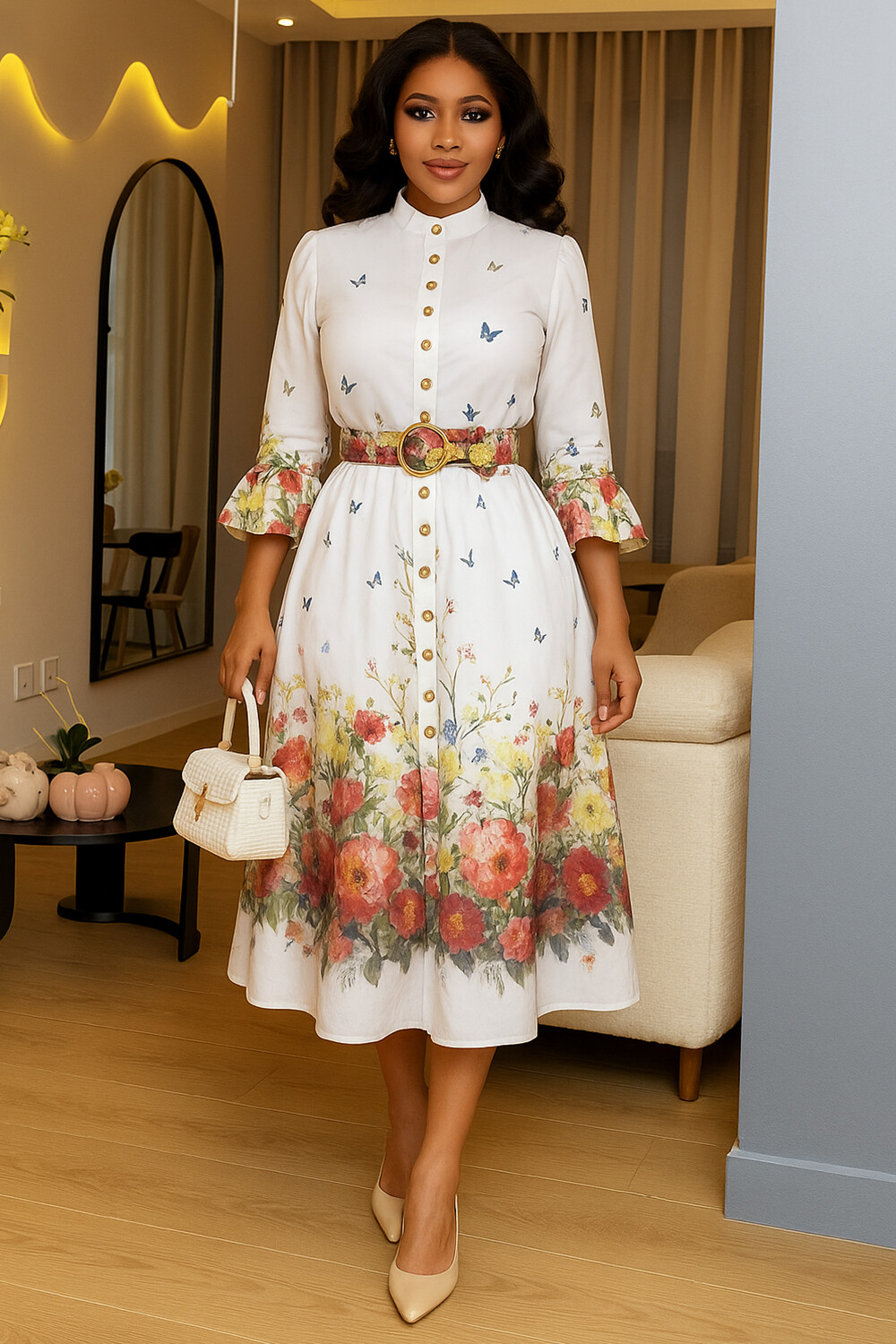 Floral Placement Print 3/4 Flare Sleeve Button Midi Dresses-White [Pre Order]